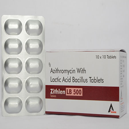 Product Name: ZITHLEN LB 500, Compositions of ZITHLEN LB 500 are Azithromycin with Lactic Acid Bacillus Tablets - Alencure Biotech Pvt Ltd