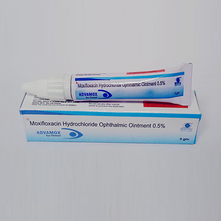Product Name: Advamoox, Compositions of Advamoox are Moxifloxacin HCL Ophthalmic Ointment 0.5% - Ronish Bioceuticals