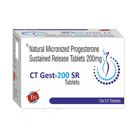 Product Name: CT Gest 200 SR, Compositions of CT Gest 200 SR are Natural Micronized Progesterone Sustained Release Tablets 200 mg - Triglobal Lifesciences (opc) Private Limited