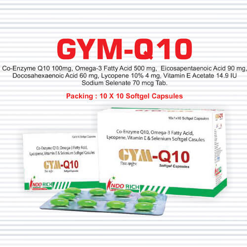 Product Name: Gym Q 10, Compositions of Gym Q 10 are Co-enzyme Q-10 100 mg,Omega-3 Fatty Acid 500 mg,Eicosapentaenoic Acid 90 mg,Docosahexaenoic Acid 60 mg,Lycopene 10% 4 mg,Vitamin E Acetate 14.9 IU Sodium Selenate 70 mcg Tab - Pharma Drugs and Chemicals