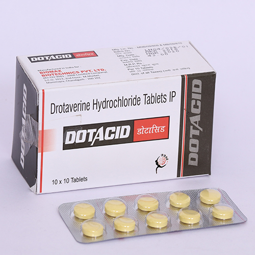 Product Name: DOTACID, Compositions of DOTACID are Drotaverine Hydrochloride Tablets IP - Biomax Biotechnics Pvt. Ltd