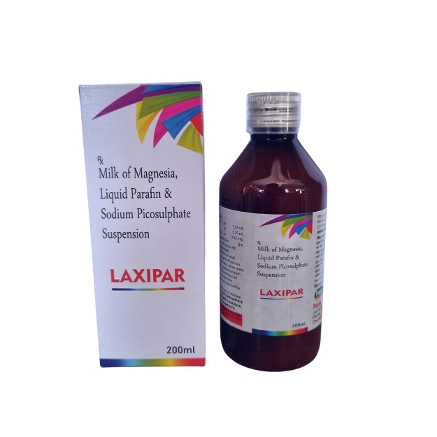 Product Name: Laxipar, Compositions of Laxipar are SODIUM PICOSULFATE (3.33MG)+ LIQUID PARAFFIN (1.25ML)+ MILK OF MAGNESIA (3.75ML) - Paras Laboratories Ltd