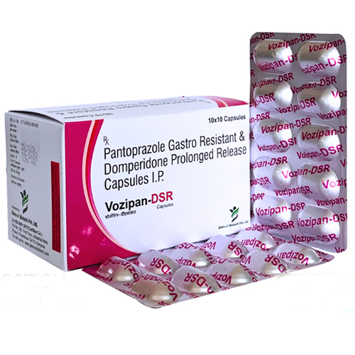 Product Name: Vozipan DSR, Compositions of Vozipan DSR are Pantoprazole Gastro Resistant and Domperidone Prolonged Release Capsules IP - Glenvox Biotech Private Limited