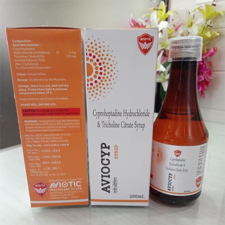 Product Name: Aviocyp, Compositions of Aviocyp are Cyproheptadine  Hydrochloride & Tricholine Citrate Syrup - Aviotic Healthcare Pvt. Ltd