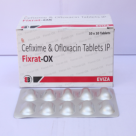 Product Name: Fixrat OX, Compositions of Fixrat OX are Cefixime & Ofloxacin Tablets IP - Eviza Biotech Pvt. Ltd