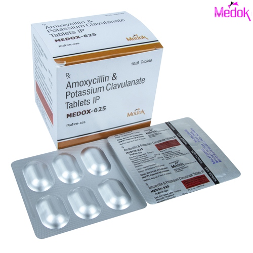 Product Name: Medox 625, Compositions of Medox 625 are Amoxycillin  &  potassium  clavulanate tablets  IP - Medok Life Sciences Pvt. Ltd