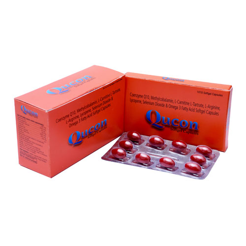 Product Name: Qucon, Compositions of Qucon are Meobalamin 1500 mcg, Co-enzyme q10 100 mg/30mg + L-carntine , L-tartrate 50 mg + L-Arginere 100mg + lycopene 6 % 4000 mg + Selenium Dioxide 100 mg + omega 3 Fatty Acid 150 mg.  - Ernst Pharmacia