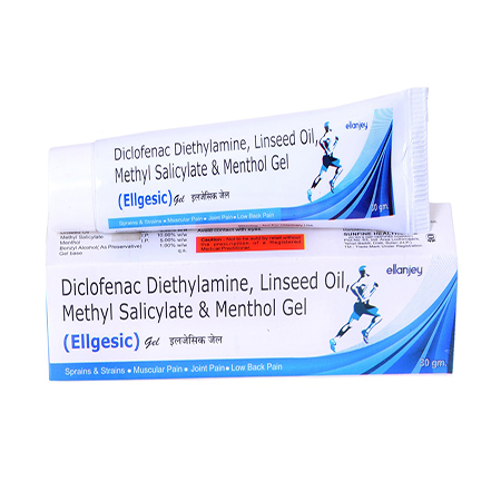 Product Name: Ellgesic, Compositions of Ellgesic are Diclofenac Diethylamine, Linseed Oil, Methyl Salicylate & Menthol Gel - Ellanjey Lifesciences