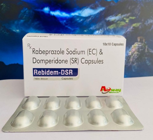 Product Name: Rebidem DSR, Compositions of Rebidem DSR are Rabeprazole Sodium (EC) & Domeperidone (SR) Capsules - Aidway Biotech
