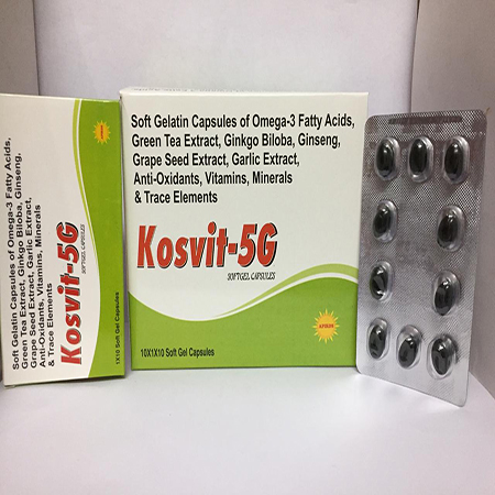 Product Name: KOSVIT 5G, Compositions of KOSVIT 5G are Softgelatin Capsules of Omega 3 Fatty Acids, Green Tea Extract, Ginkgo Biloba, Gingseng, Grape Extract, Antioxidants, Vitamins, Minerals  & Trace Elements - Apikos Pharma