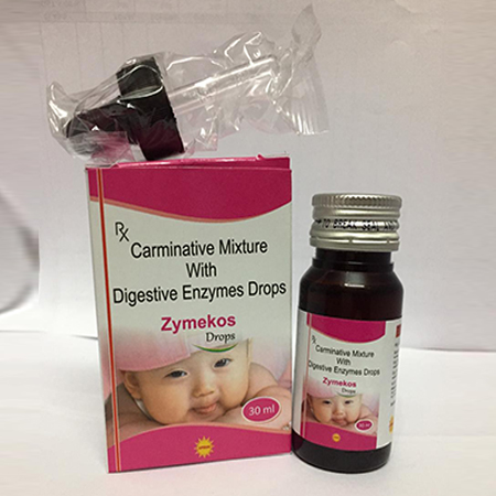Product Name: ZYMEKOS, Compositions of ZYMEKOS are Carninative Mixture with Digestive Enzymes Drops - Apikos Pharma