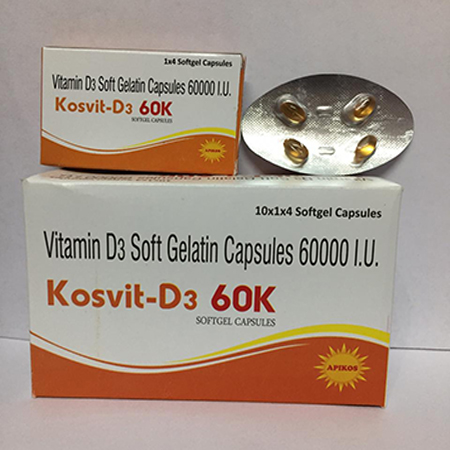 Product Name: KOSVIT D3, Compositions of KOSVIT D3 are Viamin D3 Softgelatin Capsules 60000 IU - Apikos Pharma
