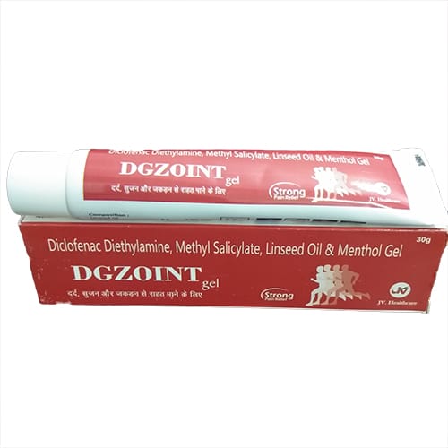 Product Name: DGZOINT Gel, Compositions of DGZOINT Gel are Diclofenac Diethylamine, oleum Line, Menthol & Methyl Salicylate Gel - JV Healthcare