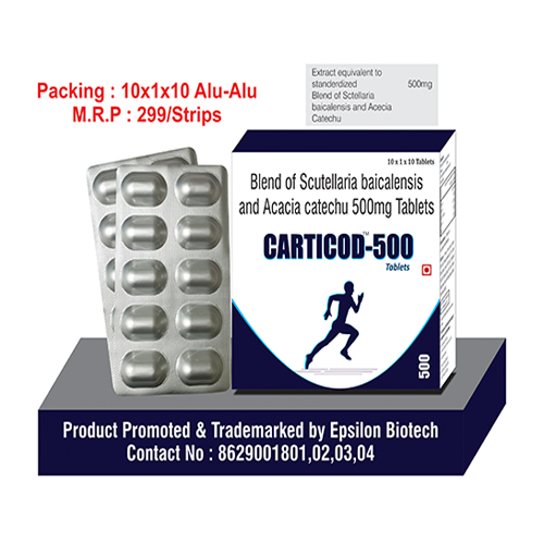 Product Name: Carticod 500, Compositions of Carticod 500 are Blendof Scuttellaria bicalesis and Acacia catechu 500mg Tablets - Epsilon Biotech