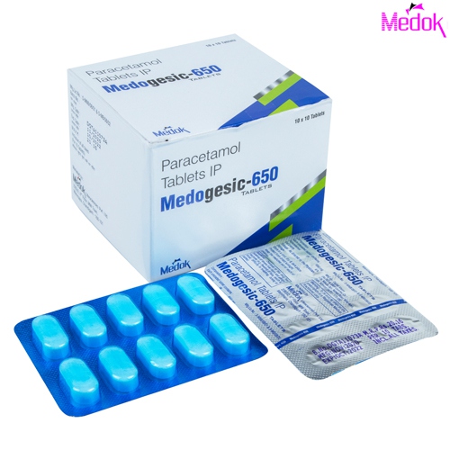 Product Name: Medogesic 650, Compositions of Medogesic 650 are Paracetamol 650 mg  (BLISTER) - Medok Life Sciences Pvt. Ltd
