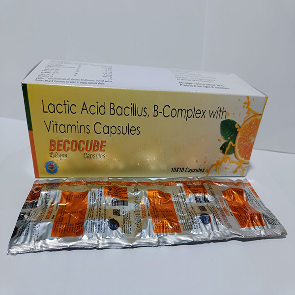 Product Name: BECOCUBE, Compositions of BECOCUBE are Lactic Acid Bacillus , B-Complex with Vitamin Capsules - Veecube Healthcare Private Limited