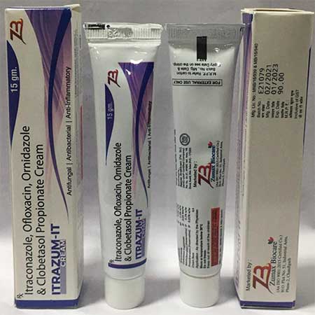 Product Name: Itrazum IT, Compositions of Itraconazone,Ofloxacin,Ornidazole & Clobetasol Propionate Cream are Itraconazone,Ofloxacin,Ornidazole & Clobetasol Propionate Cream - Zumax Biocare