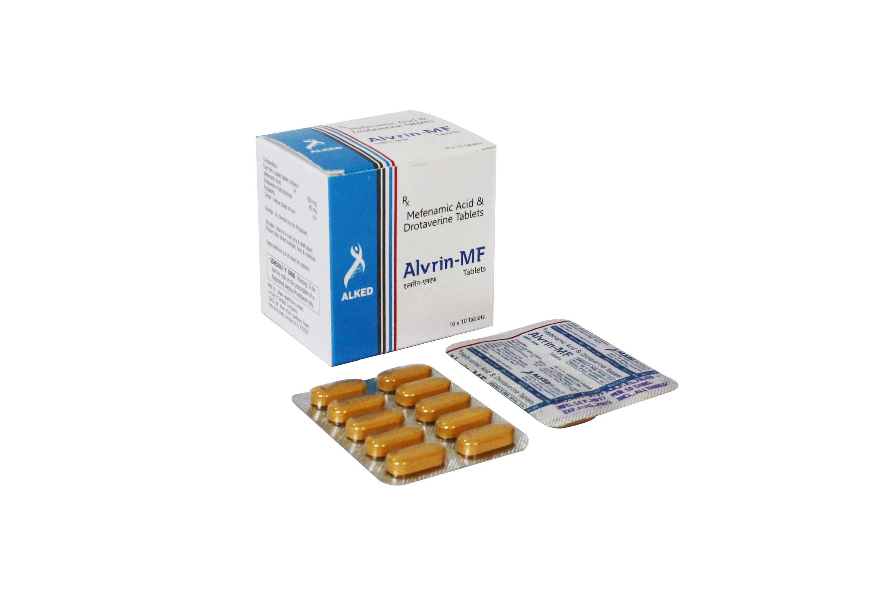 Product Name: Alvrin MF, Compositions of Alvrin MF are Mefenamic Acid & Drotaverine Tablets - Numantis Healthcare