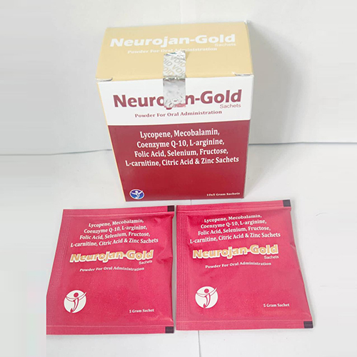 Product Name: Neurogen Gold, Compositions of Neurogen Gold are Lycopene,Mecobalamin,Co-Enzyme Q10,L-Arginine,Folic Acid,Selenium,Fructose,L-Carnitine,Citric Acid and Zinc Sachets - Jonathan Formulations