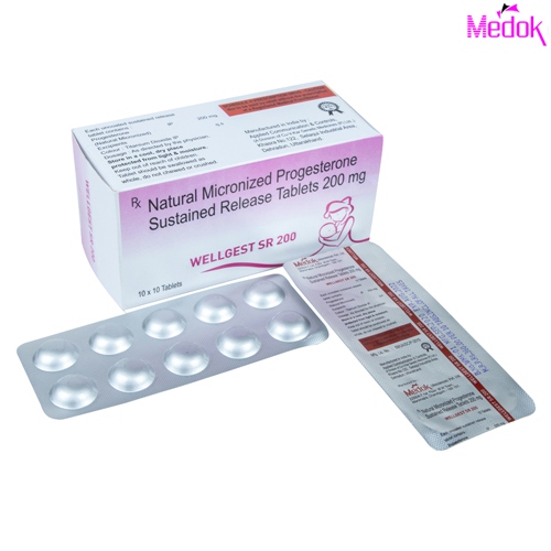 Product Name: Wellgest SR 200, Compositions of Wellgest SR 200 are Natural micronized progesterone sustained release tablet 200mg - Medok Life Sciences Pvt. Ltd