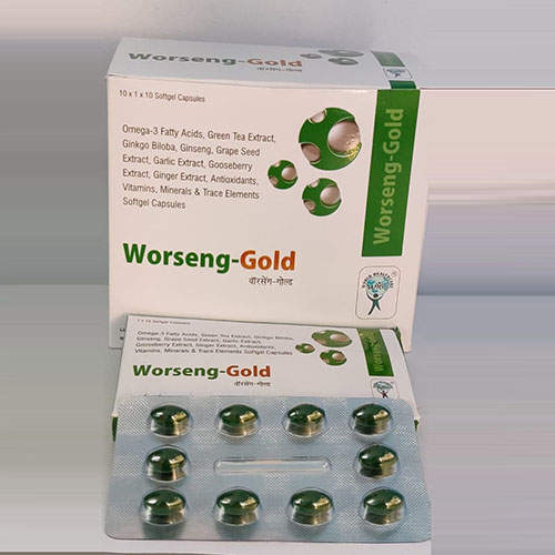 Product Name: Worseng Gold, Compositions of Worseng Gold are Omega 3 Fatty Acid,Grean Tea Exrtract,Ginkgo Biloba,Ginseg,Grape seed Extract,Gooseberry Extract ,Ginger Extract,Antioxidants,Vitamins,Minerals & Trace Elements Softgel Capsules - WHC World Healthcare