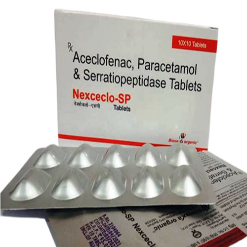 Product Name: Nexceclo SP, Compositions of Nexceclo SP are ACECLOFENAC, 100MG, PARACETAMOL 325MG, SERRATIOPEPTIDASE 15MG. - Bionexa Organic