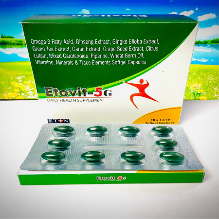 Product Name: Etovit 5g, Compositions of Etovit 5g are Omega 3 Fatty Acid Ginseg Extract ,Gingko Biloba Extract Green Tea Extract, garlic Extract Grape seed Extract Citrus Lutien ,Mixed Carotenoids,Piperine ,Wheat Germ oil,Vitamins,Minerals & Trace Element Softgel Capsules - Eton Biotech Private Limited