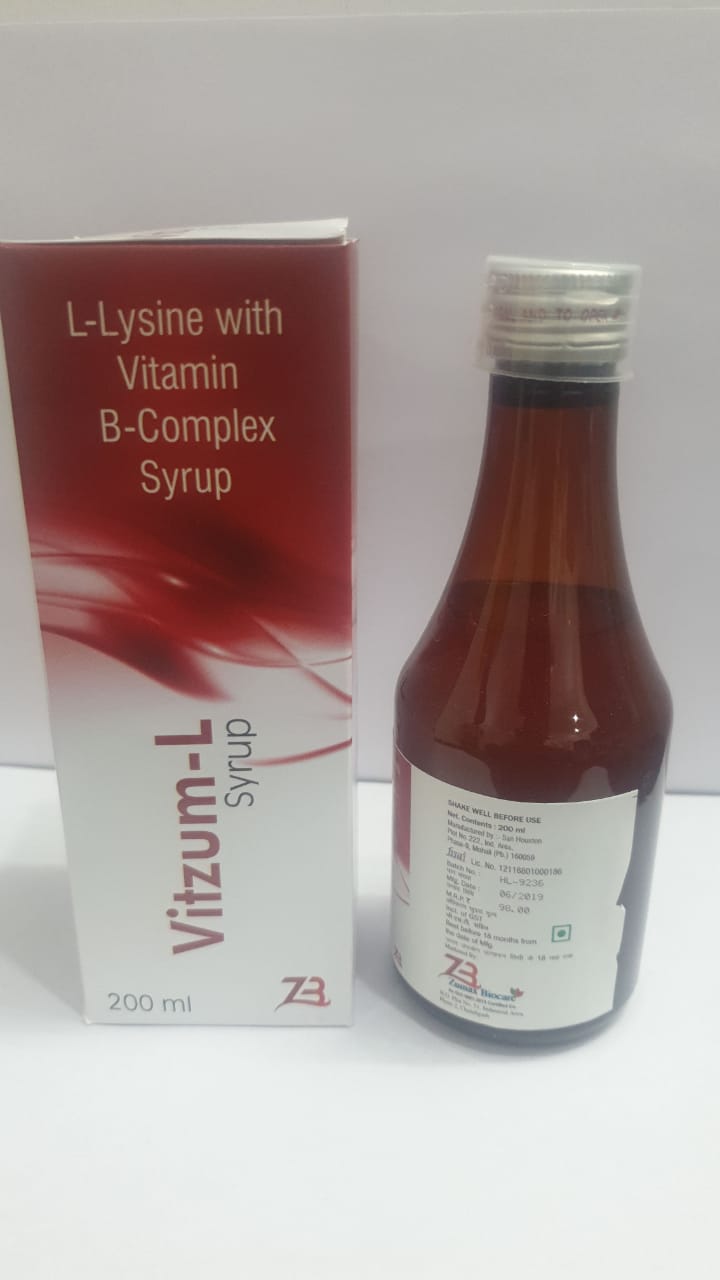Product Name: Vitzum L, Compositions of Vitzum L are L-Lysine with Vitamin B-Complex Syrup - Zumax Biocare