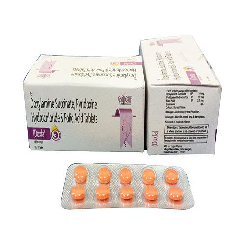 Product Name: Doxfa, Compositions of are Doxylamin Succinate,Pyridoxine Hydrochloride  & Folic Acid Tablets - Arlak Biotech
