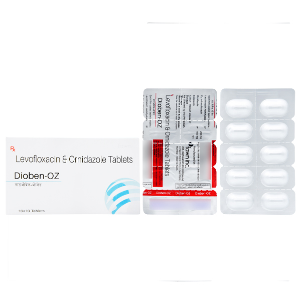 Product Name: DIOBEN OZ, Compositions of DIOBEN OZ are Levofloxacin and Ornidazole Tablets (250mg+500mg) - Fawn Incorporation