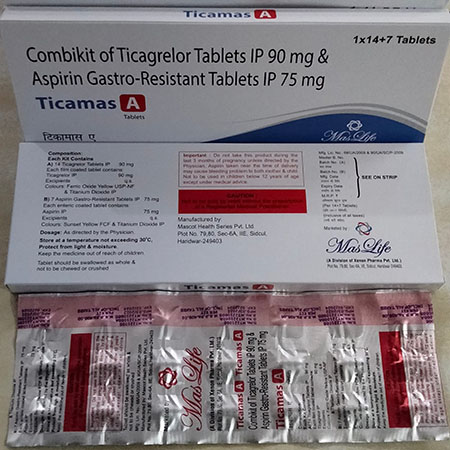 Product Name: Ticamas A, Compositions of Ticamas A are Combikit of Ticagrelor Tablets IP 90 mg & Aspirin Gastro-Resistant Tablets Ip 75 mg - Xenon Pharma Pvt. Ltd