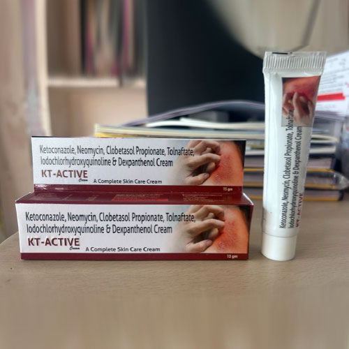 Product Name: KT ACTIVE, Compositions of KT ACTIVE are Ketoconazole Neamycin Clobetasol Propionate Tolnafrate Lodochiorhydroxyqunniolion & Dexpanthenol cream - Medicure LifeSciences