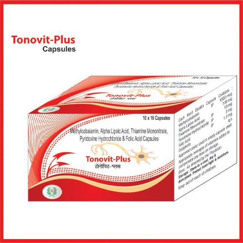 Product Name: Tonovit Plus, Compositions of Tonovit Plus are Methylcbalamin Alpha Lipoic Acid,Thiamine Mononitrate,Pyridoxine Hydrochloride & Folic Acid  Capsules - Greef Formulations