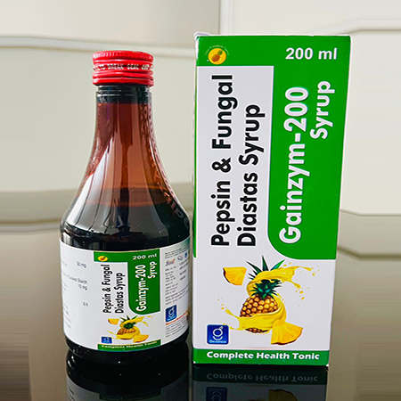 Product Name: Gainzym 200, Compositions of Gainzym 200 are Pepsin & Fungle Diastas Syrup - Gainmed Biotech Private Limited