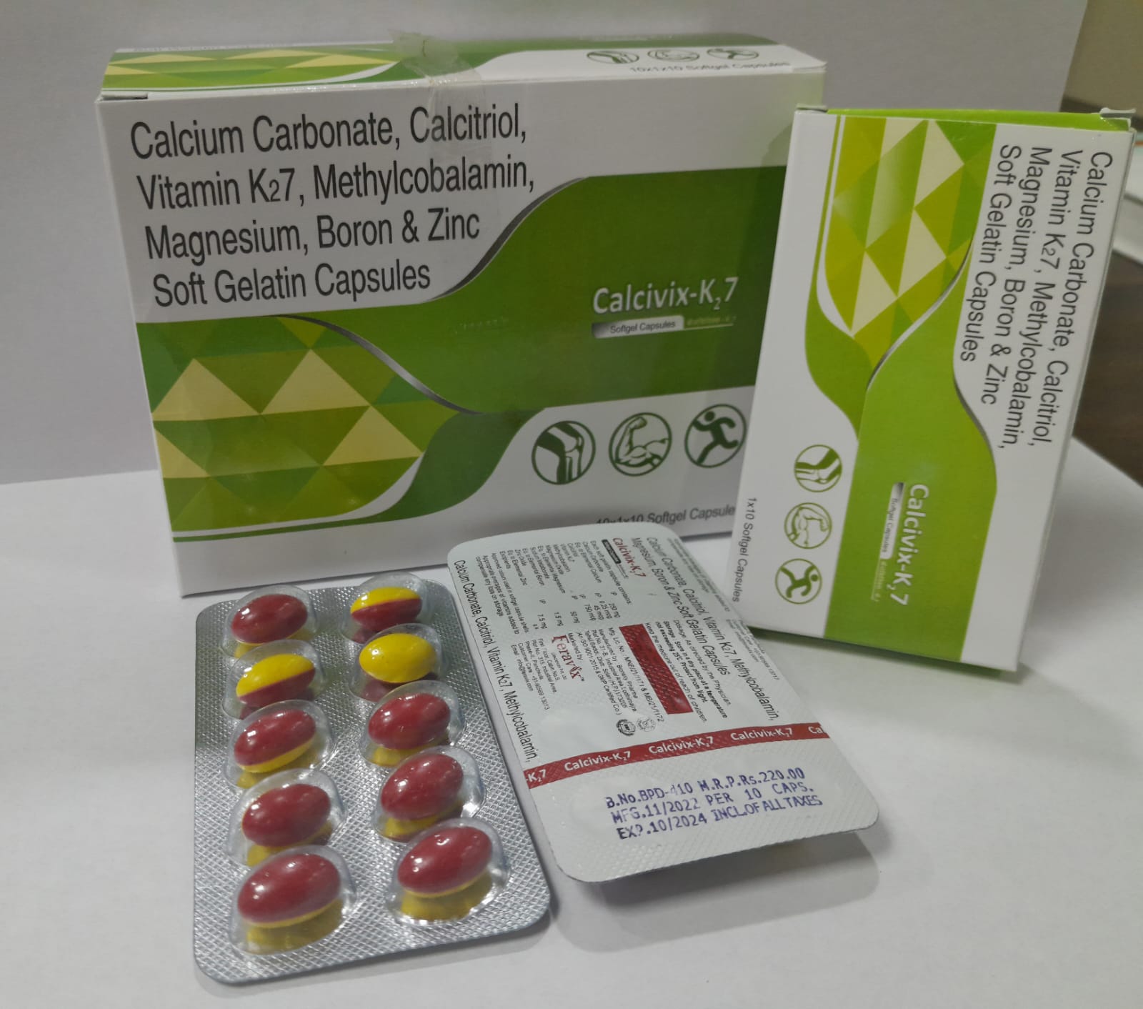 Product Name: CALCIVIX K2 7 Softgel Capsules, Compositions of are Calcium Carbonate IP Eq. to Elemental Calcium 250 mg, Calcitriol IP 0.25 mcg, Vitamin K27 45 mcg, Mecobalamin IP 750 mcg, Magnesium Oxide Eq. to Elemental Magnesium 50 mg, Sodium Metaborate Eq. to Elemental Boron 1.5 mg, Zinc - Feravix Lifesciences