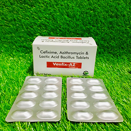 Product Name: Venfix AZ, Compositions of Venfix AZ are Cefixime, Azithromycin & Lactic Bacillus Tablets - Gvans Biotech Pvt. Ltd