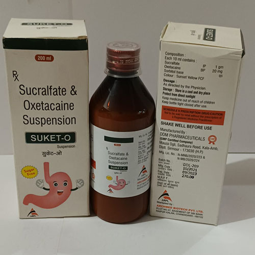 Product Name: Suket O, Compositions of Suket O are Suralfate & Oxetaciane Suspension - Archmed Biotech Private Limited