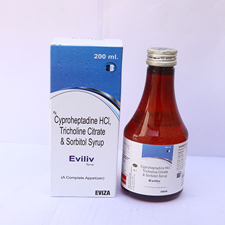 Product Name: Eviliv, Compositions of Cyproheptadine HCl, Tricholine Citrate & Sorbitol Syrup are Cyproheptadine HCl, Tricholine Citrate & Sorbitol Syrup - Eviza Biotech Pvt. Ltd