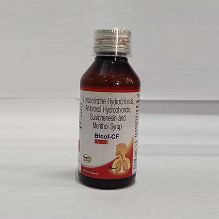 Product Name: Btcof CF, Compositions of Btcof CF are Levocetrizine Hydrochloride, Ambroxol Hydrochloride, Guaiphensin and Menthol Syrup - Biotanic Pharmaceuticals