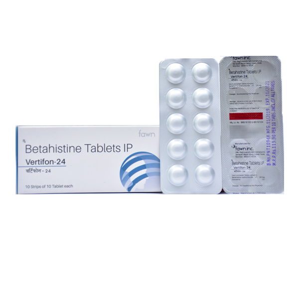 Product Name: VERTIFON 24, Compositions of VERTIFON 24 are Betahistine Hydrochloride I.P. 24 mg. - Fawn Incorporation