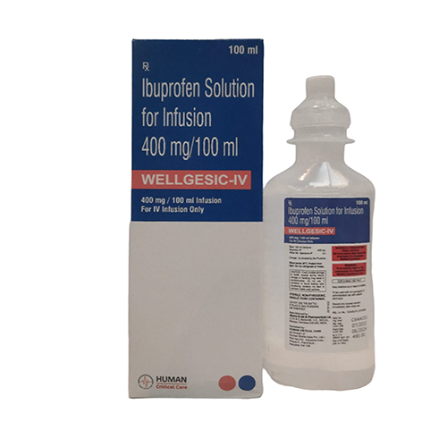 Product Name: WELLGESIC IV 100ML, Compositions of WELLGESIC IV 100ML are Ibuprofen Solution for Infusion 400mg/100ml - Human Biolife India Pvt. Ltd
