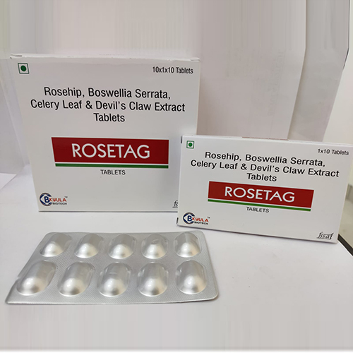 Product Name: Rosetag, Compositions of Rosetag are Rosehip, Boswellia Serrata, Celery Leaf & Devil Claw Extract Tablets - Bkyula Biotech