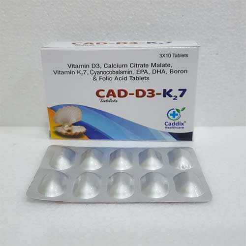 Product Name: Cad D3 K27, Compositions of Cad D3 K27 are Vitamin D3,Calcium Citrate Malate,Vitamin K27 Cyanocobalamin,EPA,DHA,Boron & Folic Acid Tablets - Caddix Healthcare