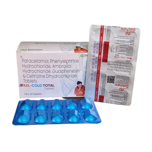 Product Name: Axl Cold Total, Compositions of Axl Cold Total are Paracetamol, Phenylephrine Hydrochloride, Ambroxol Hydrochloride, Guaiphenesin & Cetirizine Dihydrochloride Tablets - Dolchem Pharmaceuticals Private Limited