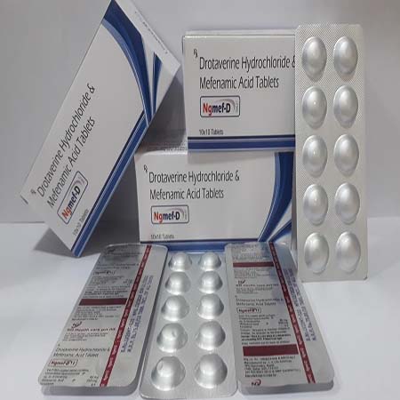 Product Name: Ngmef D, Compositions of Ngmef D are Drotaverine Hydrochloride & Mefenamic Acid Tablets - NG Healthcare Pvt Ltd