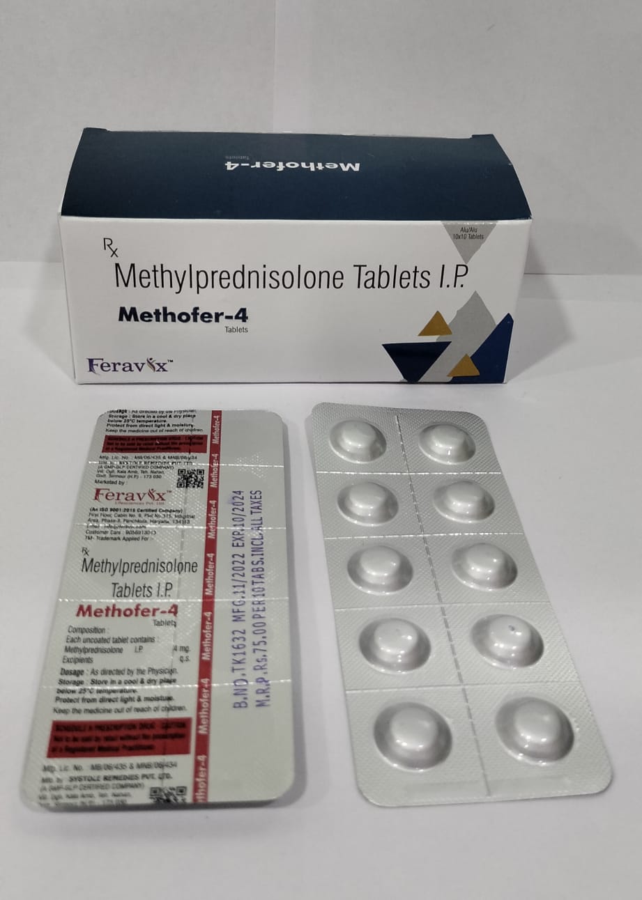 Product Name: METHOFER 4 Tablets, Compositions of METHOFER 4 Tablets are METHYLPREDNISOLONE 4MG - Feravix Lifesciences