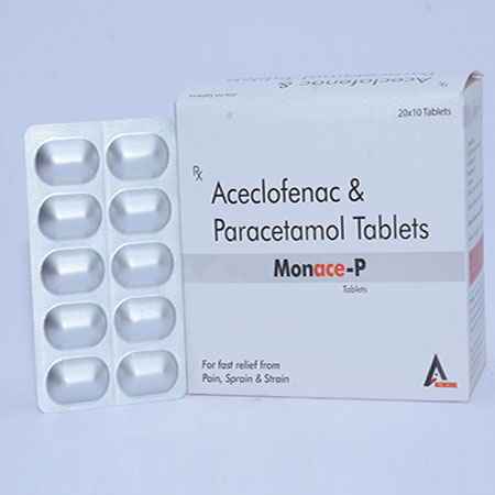 Product Name: MONACE P, Compositions of MONACE P are Aceclofenac & Paracetamol Tablets - Alencure Biotech Pvt Ltd