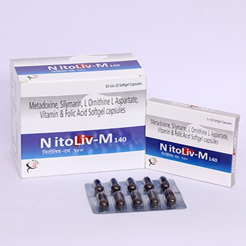 Product Name: NITOLIV M 140, Compositions of are Metadoxime, Silymarin, L-Ornithine L Asparate, Vitamin & Folic Acid Softgel Capsules - Biomax Biotechnics Pvt. Ltd