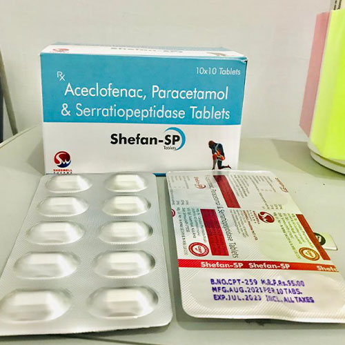 Product Name: Shefan SP, Compositions of Shefan SP are Aceclofenac. paracetamol & Serratiopeptidase - Shedwell Pharma Private Limited