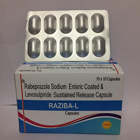 Product Name: RAZIBA L, Compositions of RAZIBA L are Rabeprazole Sodium Enteric Coated & Levosulpiride Sustained Release Capsules - Apikos Pharma